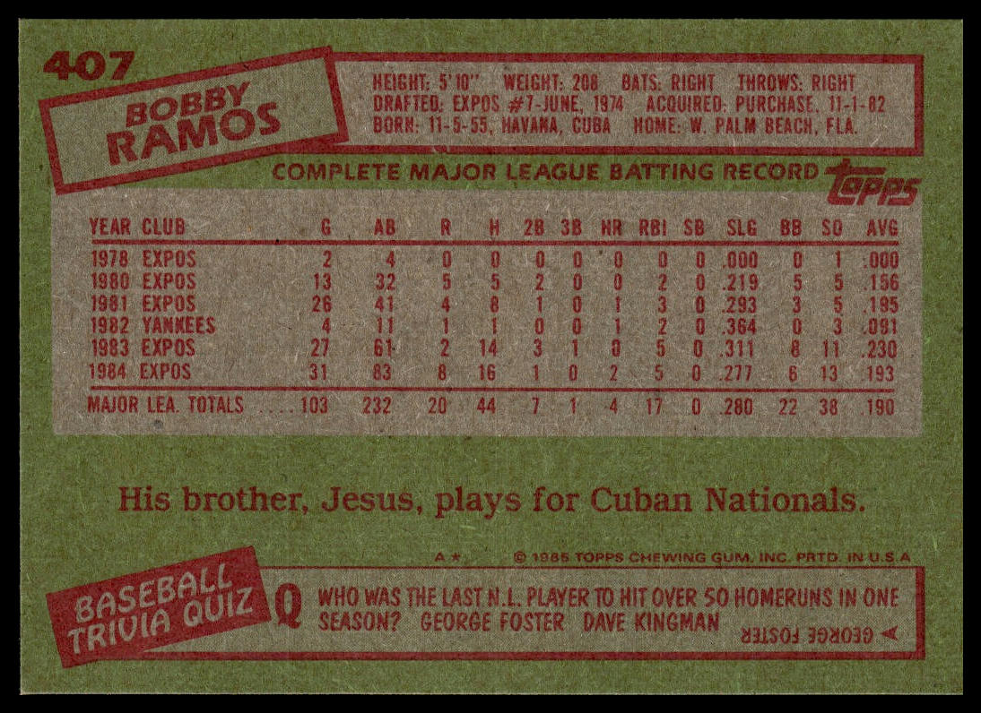 1985 Topps #407 Bobby Ramos