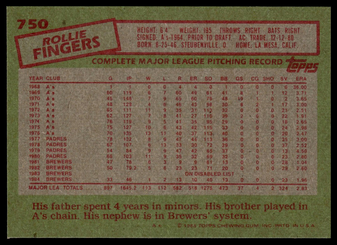 1985 Topps #750 Rollie Fingers