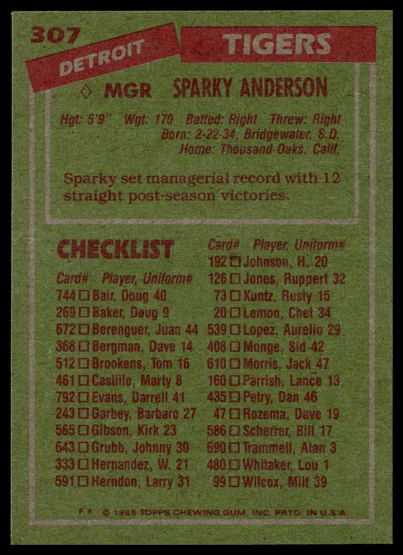 1985 Topps #307 Sparky Anderson
