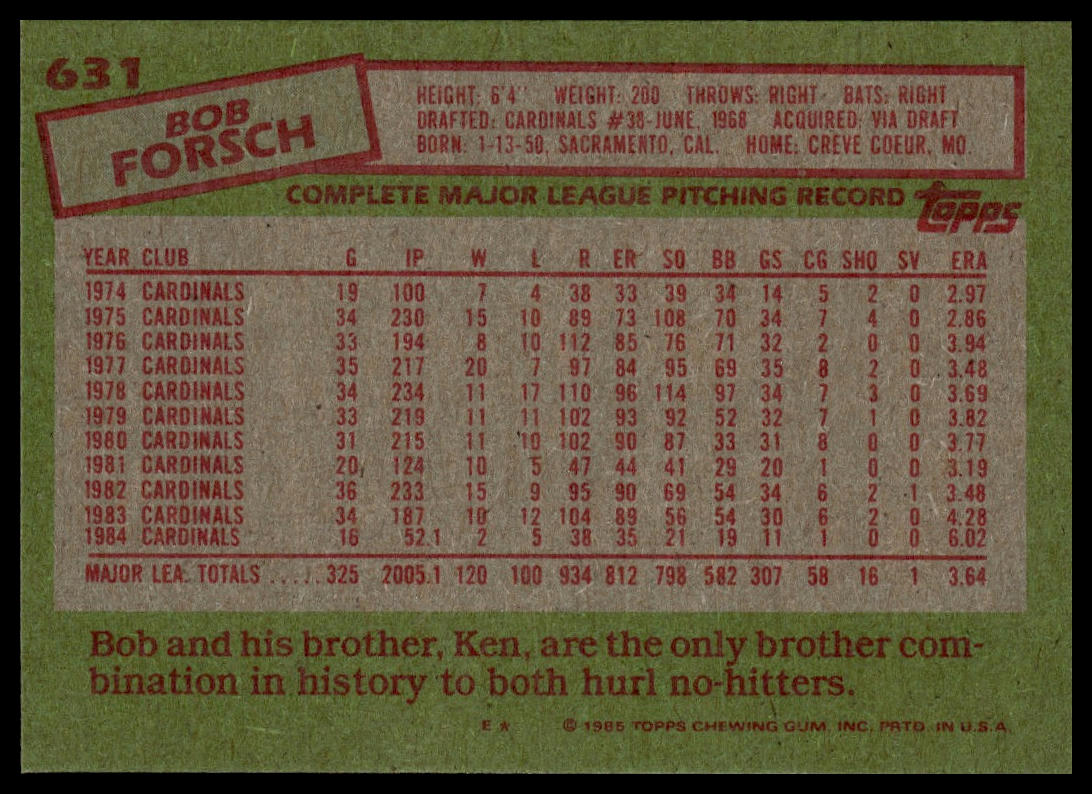 1985 Topps #631 Bob Forsch