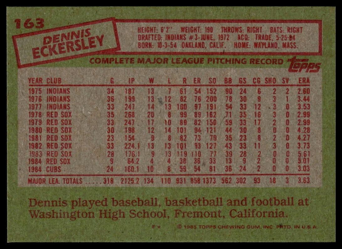 1985 Topps #163 Dennis Eckersley