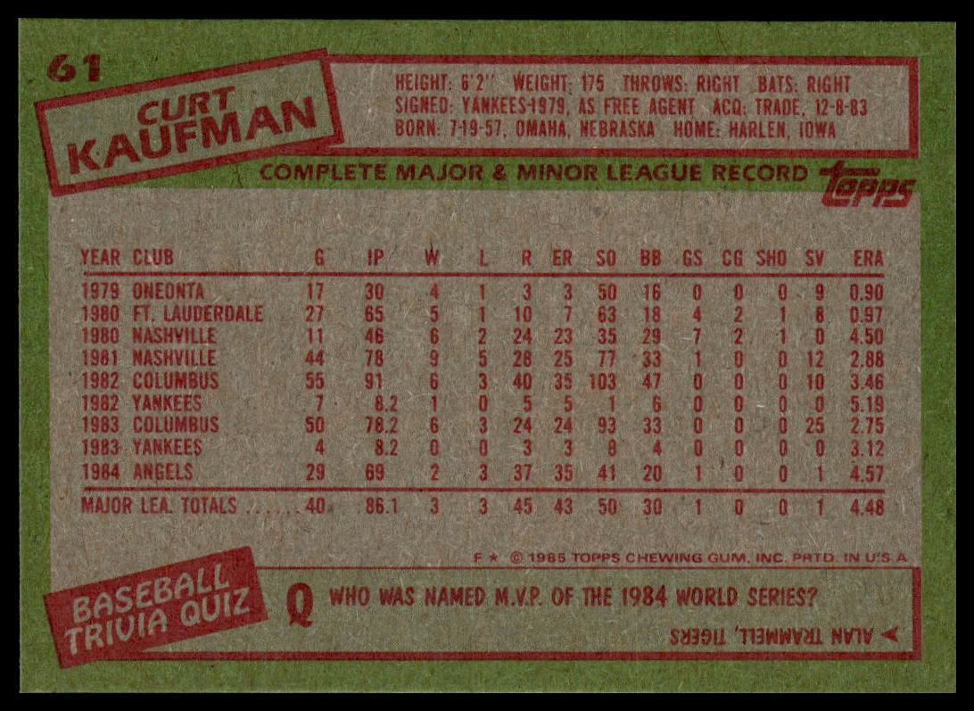 1985 Topps #61 Curt Kaufman