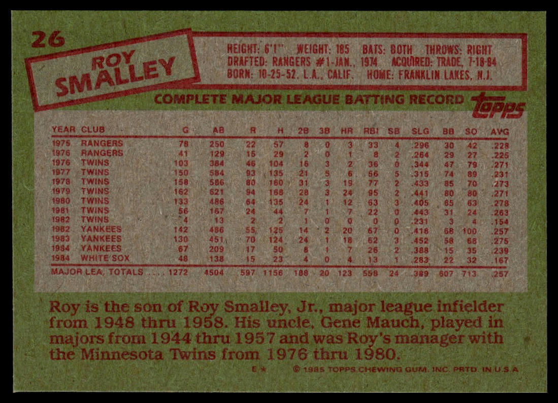 1985 Topps #26 Roy Smalley