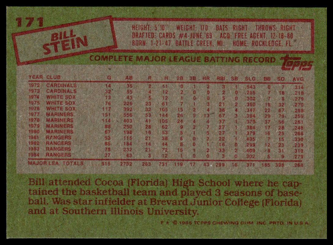 1985 Topps #171 Bill Stein