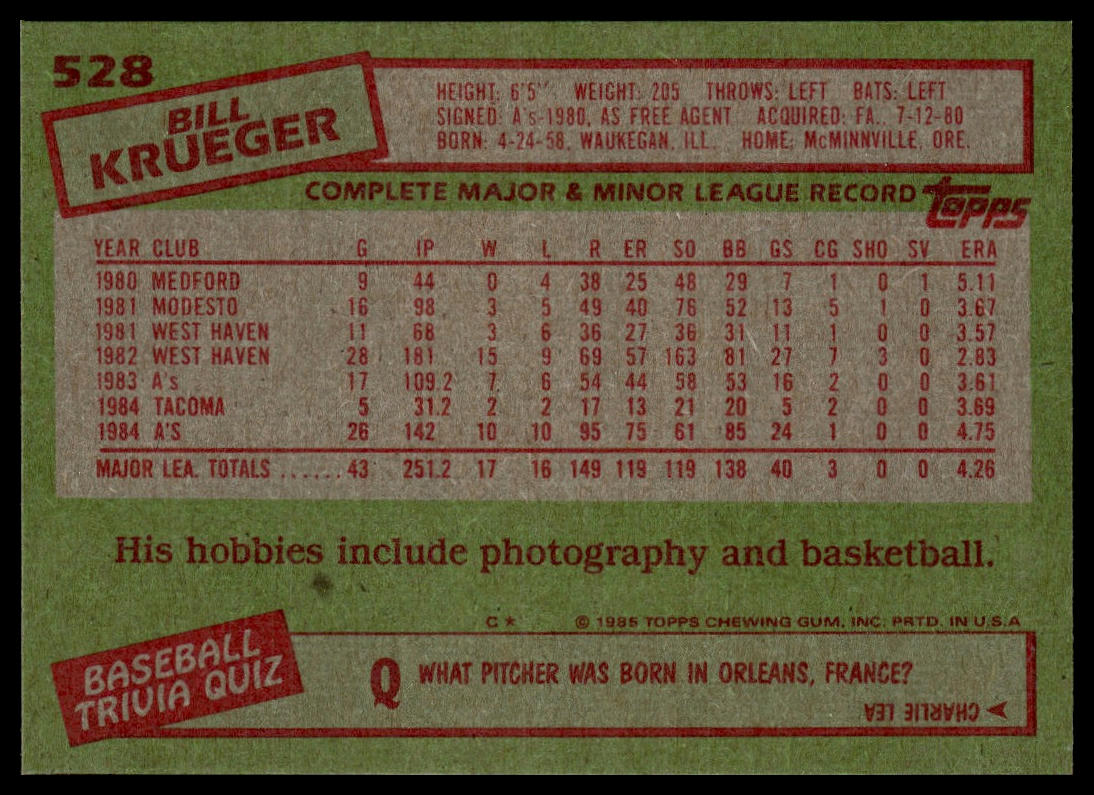 1985 Topps #528 Bill Krueger