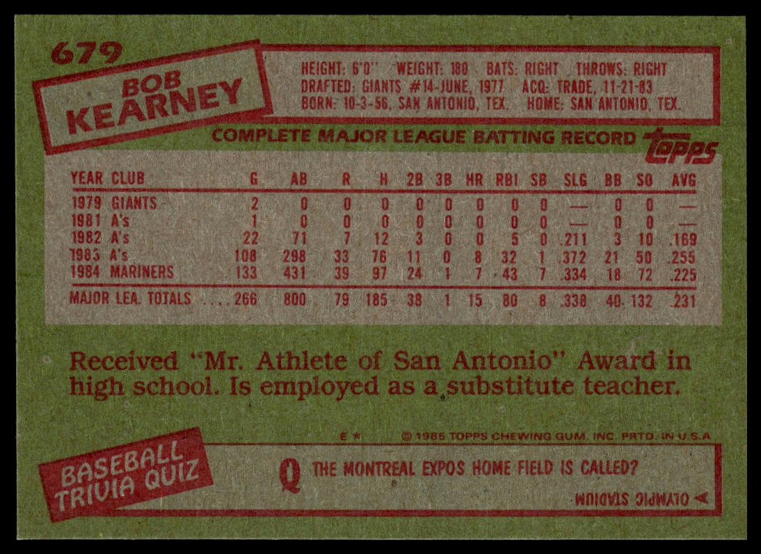 1985 Topps #679 Bob Kearney