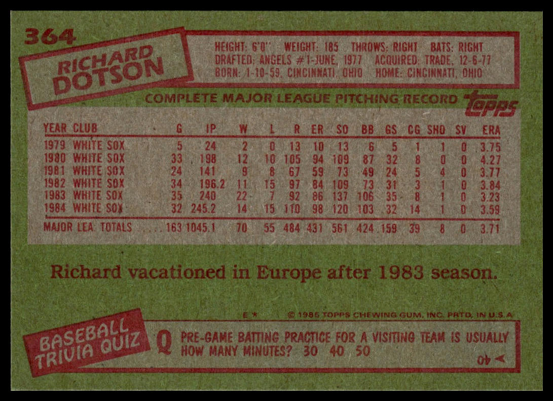 1985 Topps #364 Richard Dotson
