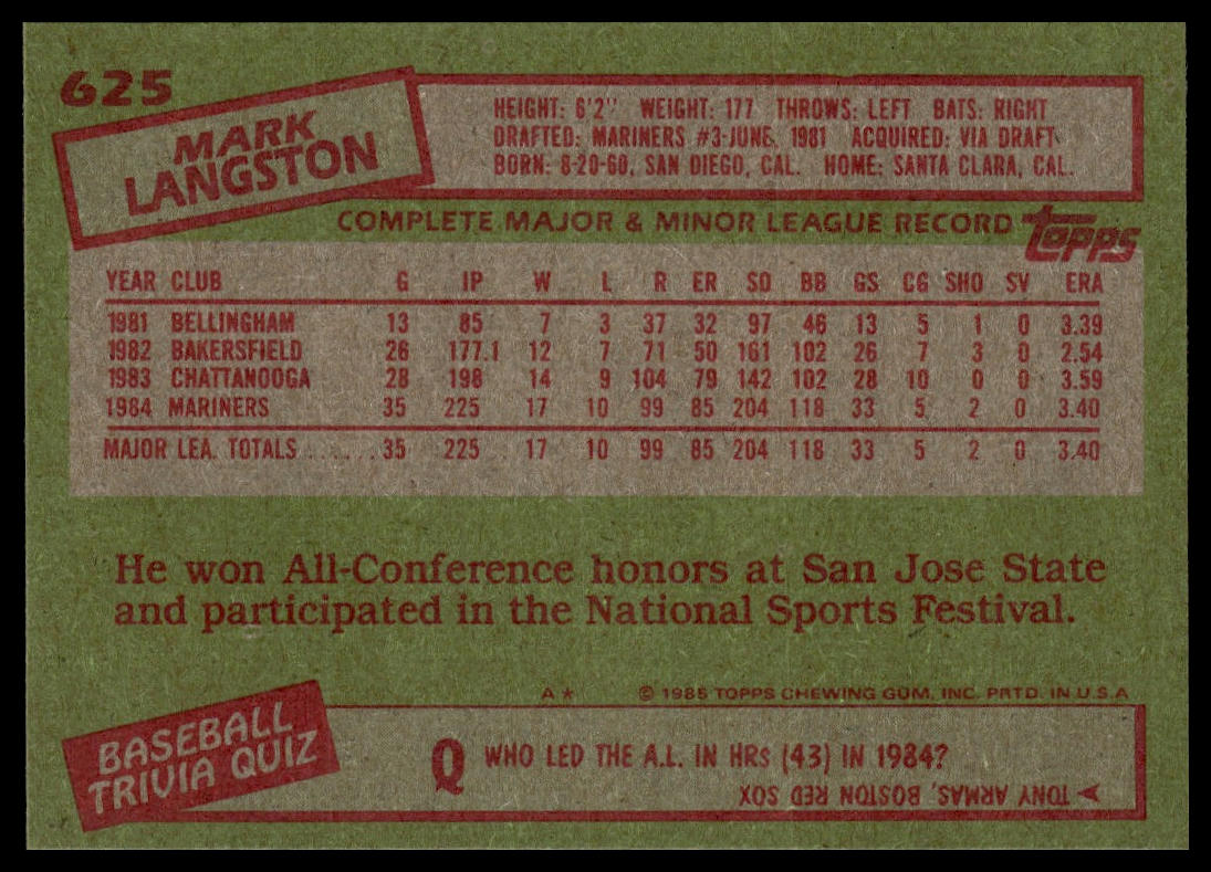 1985 Topps #625 Mark Langston