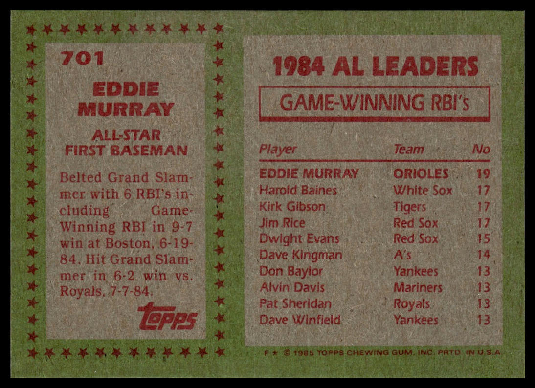 1985 Topps #701 Eddie Murray