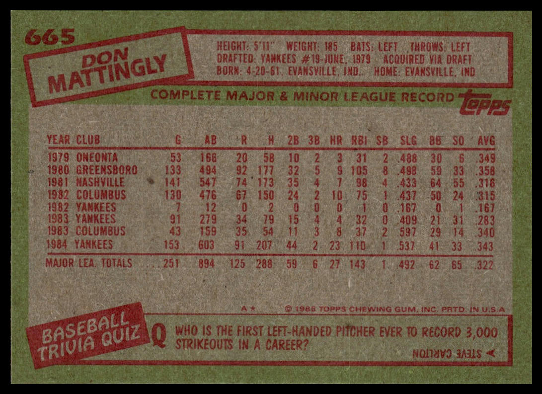 1985 Topps #665 Don Mattingly