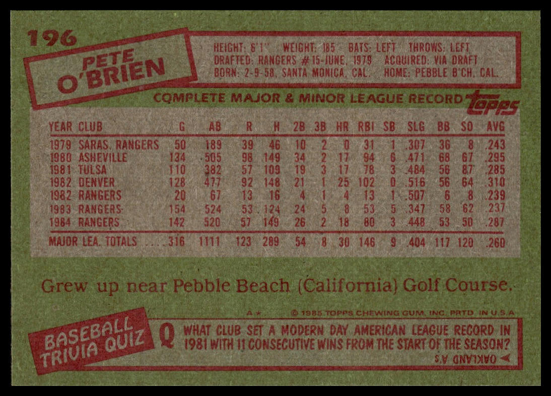 1985 Topps #196 Pete O'Brien