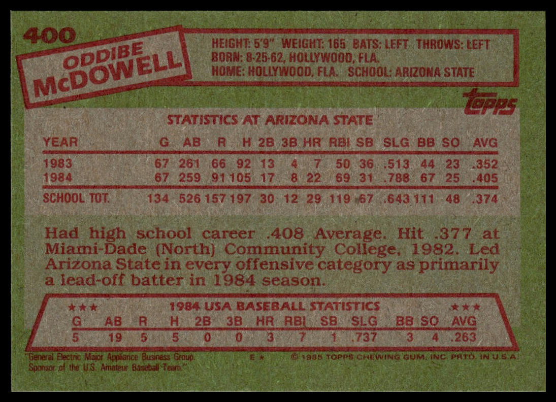 1985 Topps #400 Oddibe McDowell