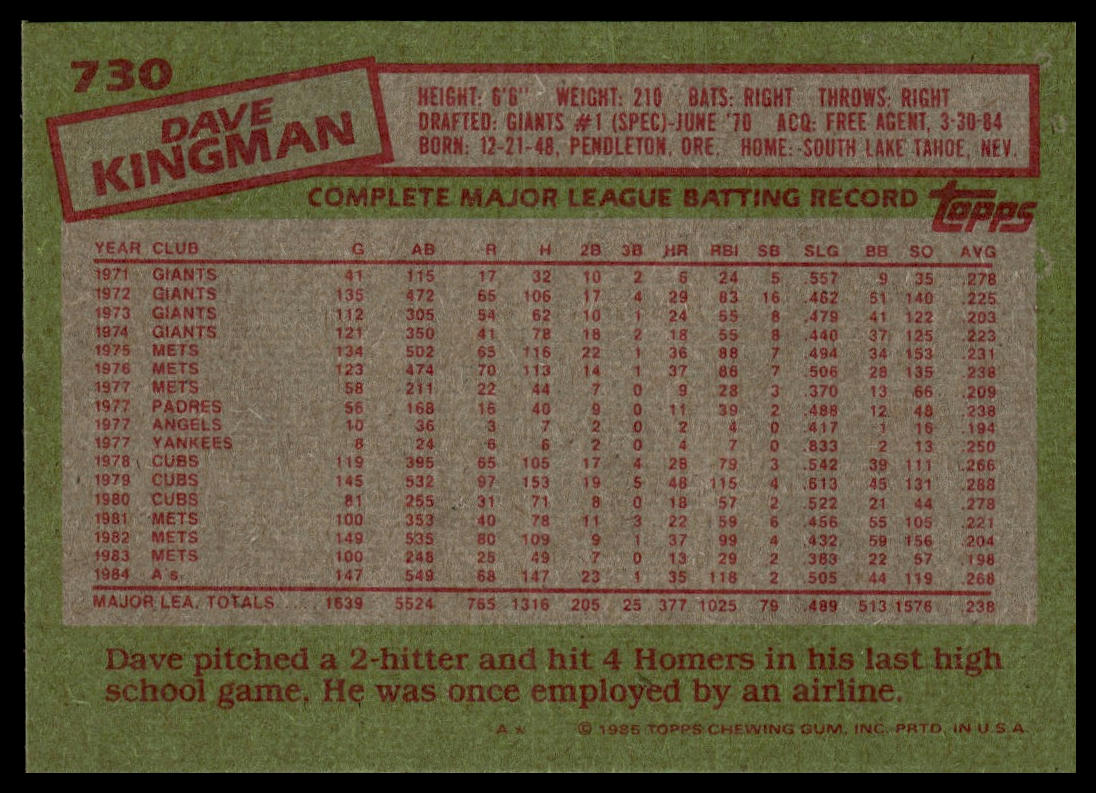 1985 Topps #730 Dave Kingman