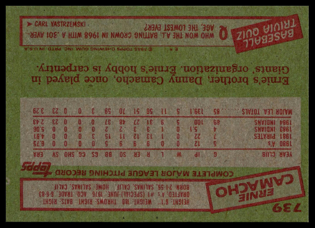 1985 Topps #739 Ernie Camacho