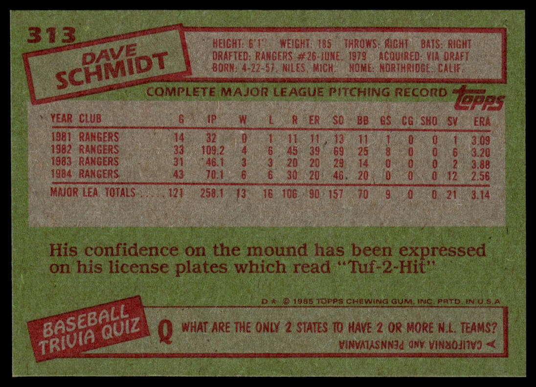 1985 Topps #313 Dave Schmidt