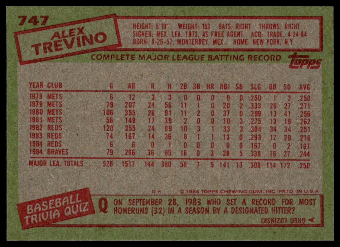 1985 Topps #747 Alex Trevino