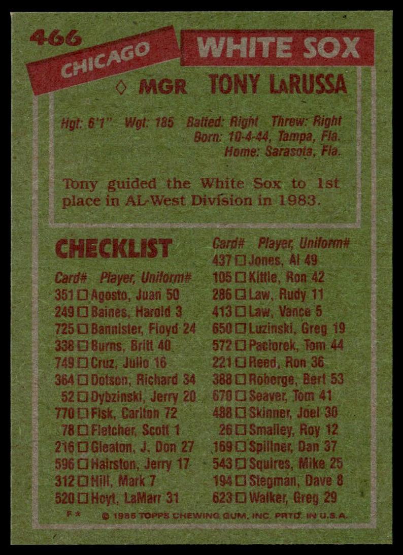 1985 Topps #466 Tony LaRussa