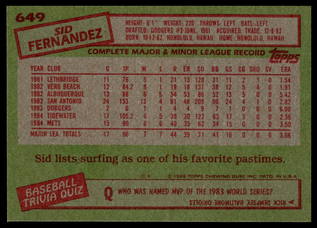 1985 Topps #649 Sid Fernandez