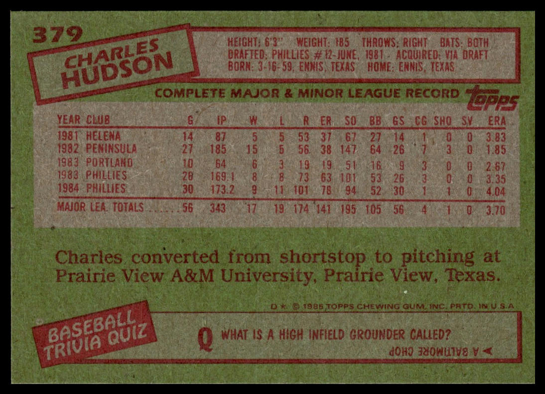 1985 Topps #379 Charles Hudson