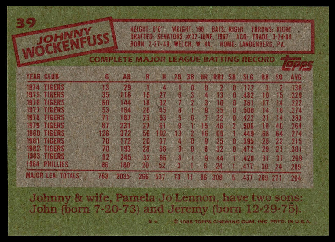 1985 Topps #39 Johnny Wockenfuss