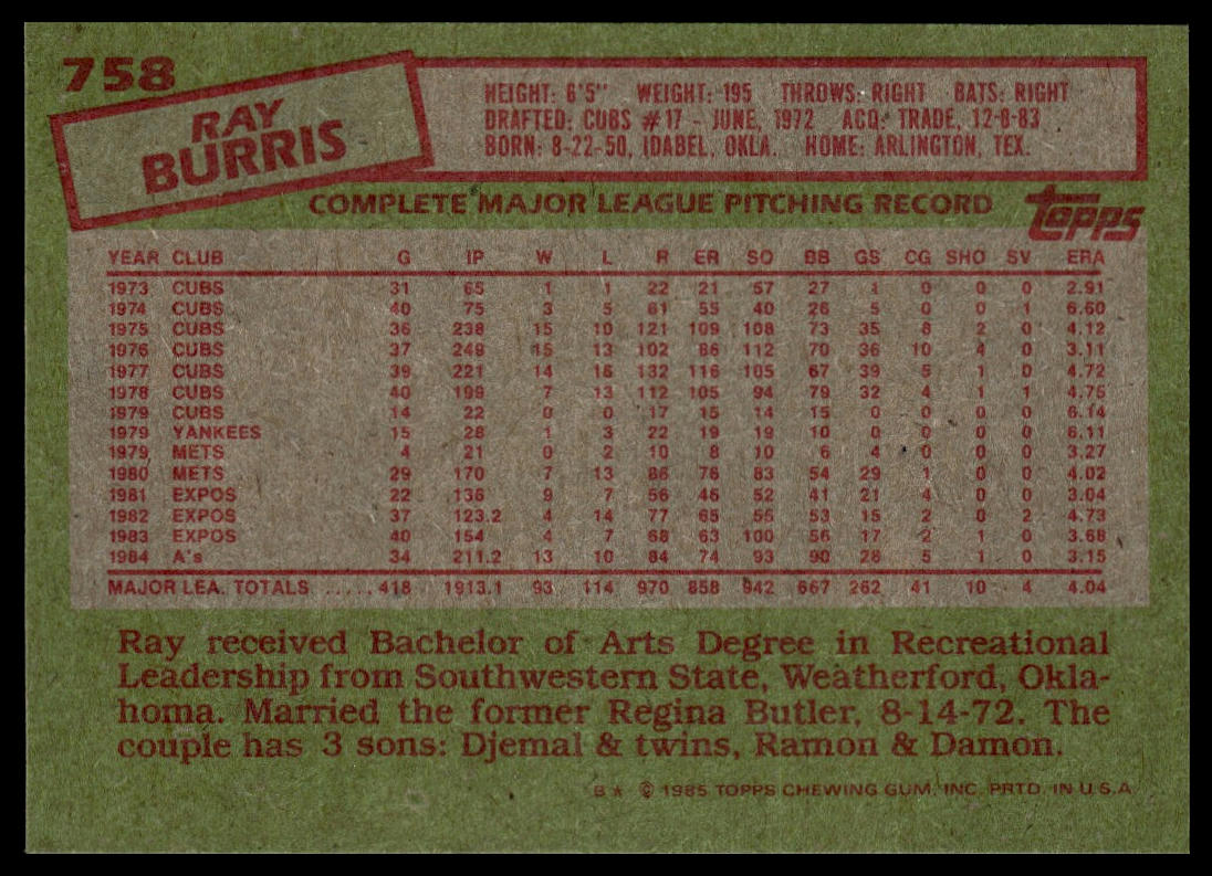 1985 Topps #758 Ray Burris