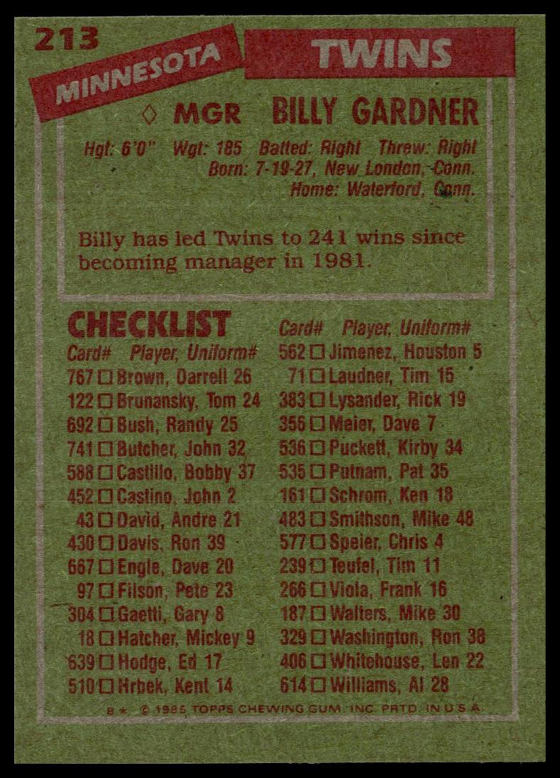 1985 Topps #213 Billy Gardner