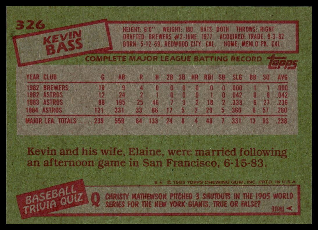 1985 Topps #326 Kevin Bass