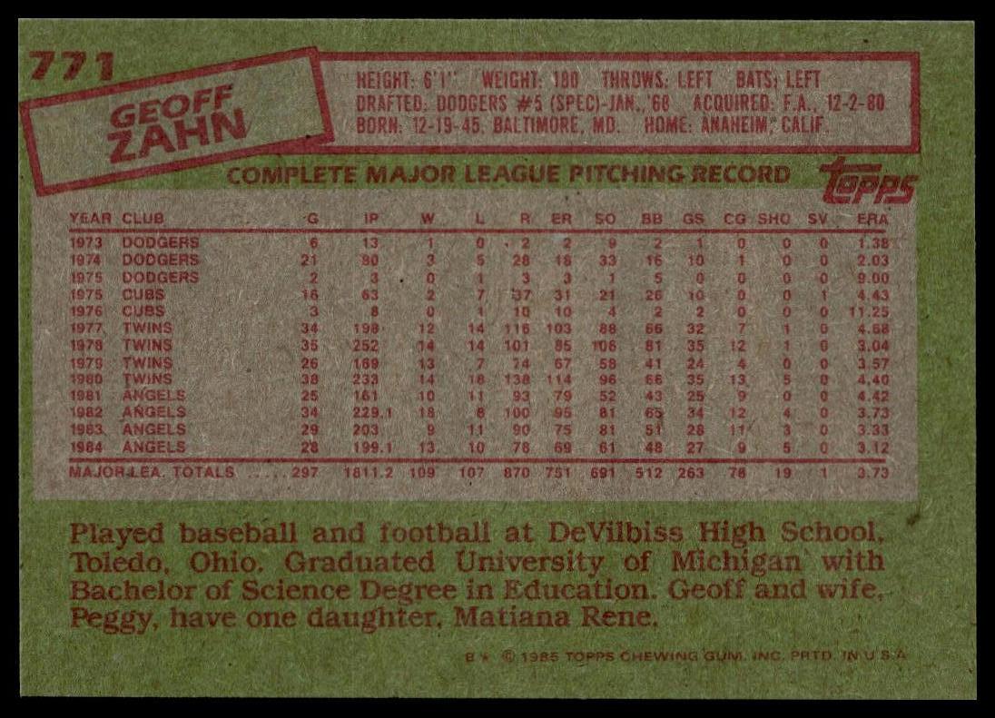 1985 Topps #771 Geoff Zahn