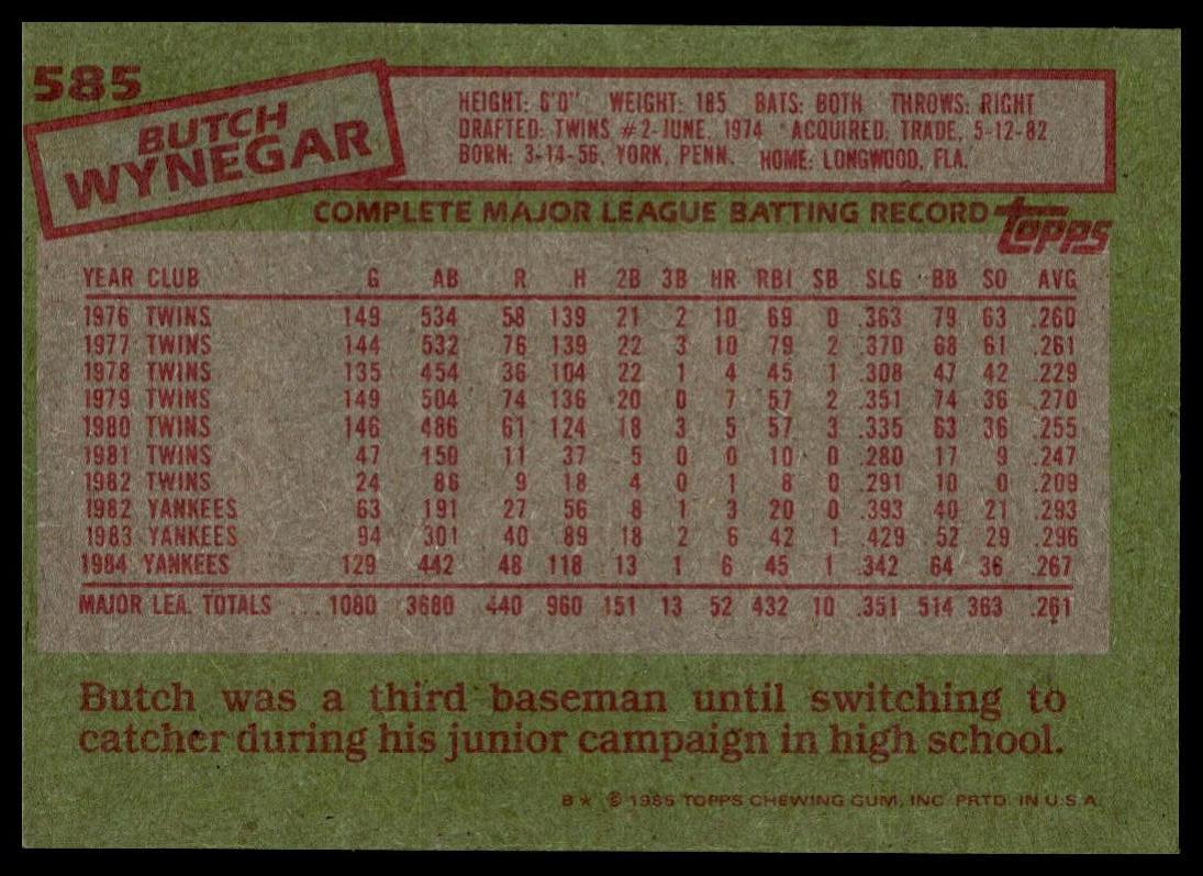 1985 Topps #585 Butch Wynegar