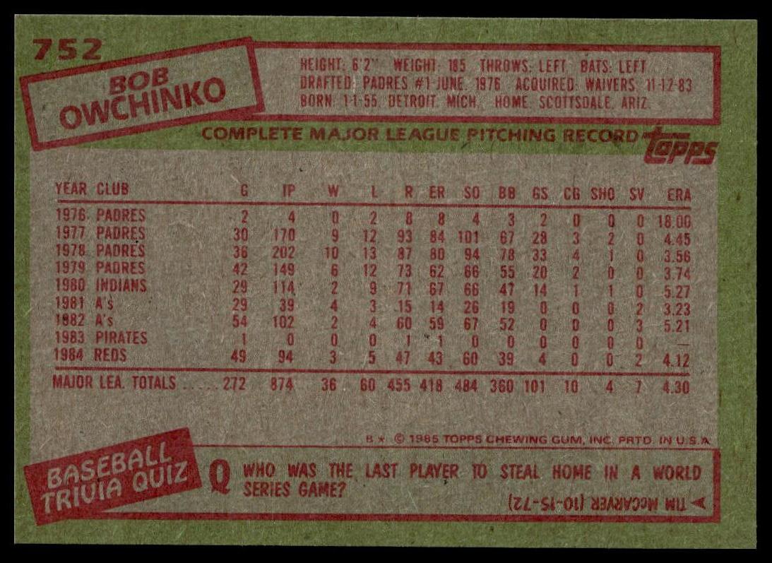 1985 Topps #752 Bob Owchinko