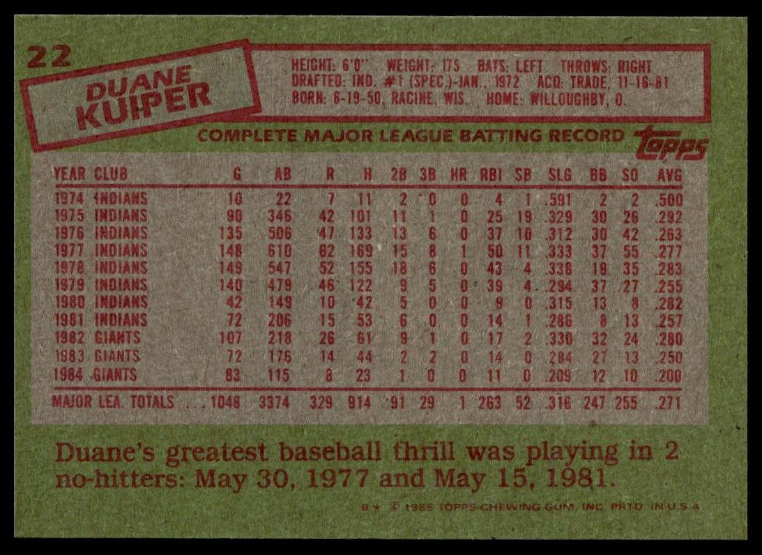 1985 Topps #22 Duane Kuiper