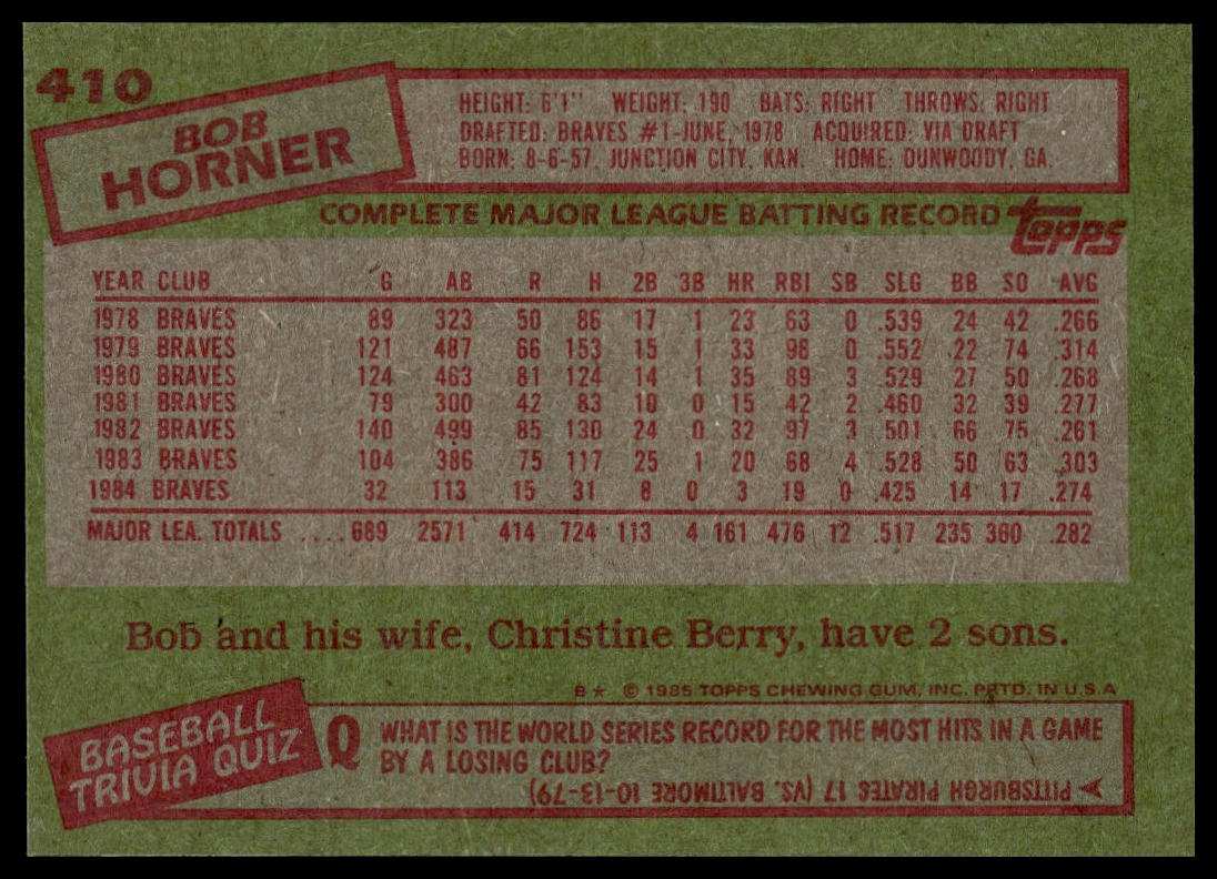 1985 Topps #410 Bob Horner
