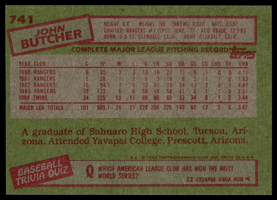 1985 Topps #741 John Butcher