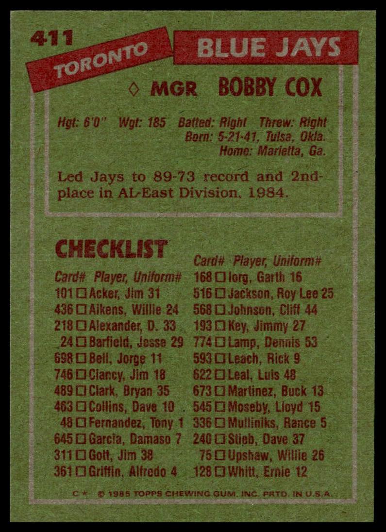 1985 Topps #411 Bobby Cox