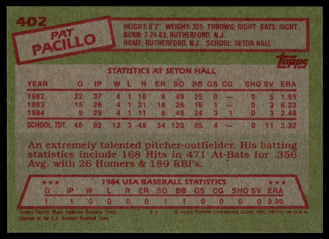 1985 Topps #402 Pat Pacillo