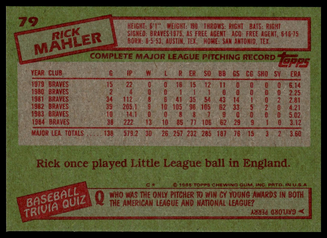 1985 Topps #79 Rick Mahler