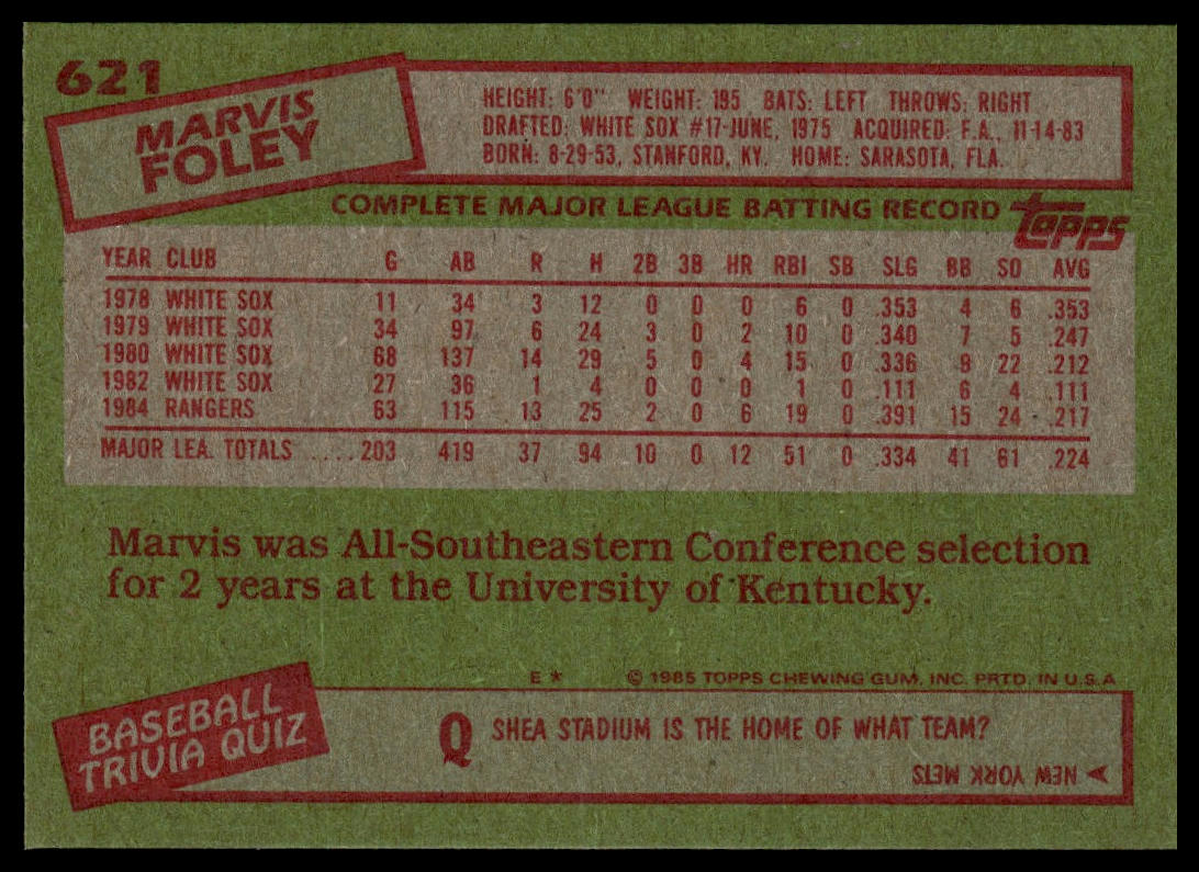 1985 Topps #621 Marvis Foley