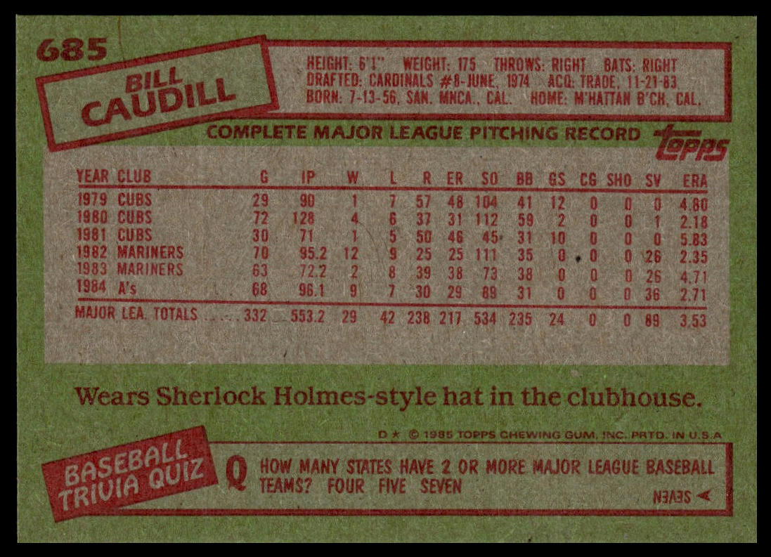 1985 Topps #685 Bill Caudill