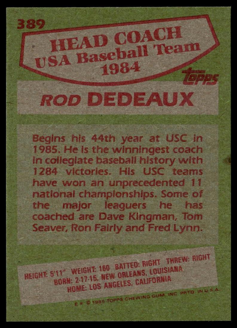 1985 Topps #389 Rod Dedeaux