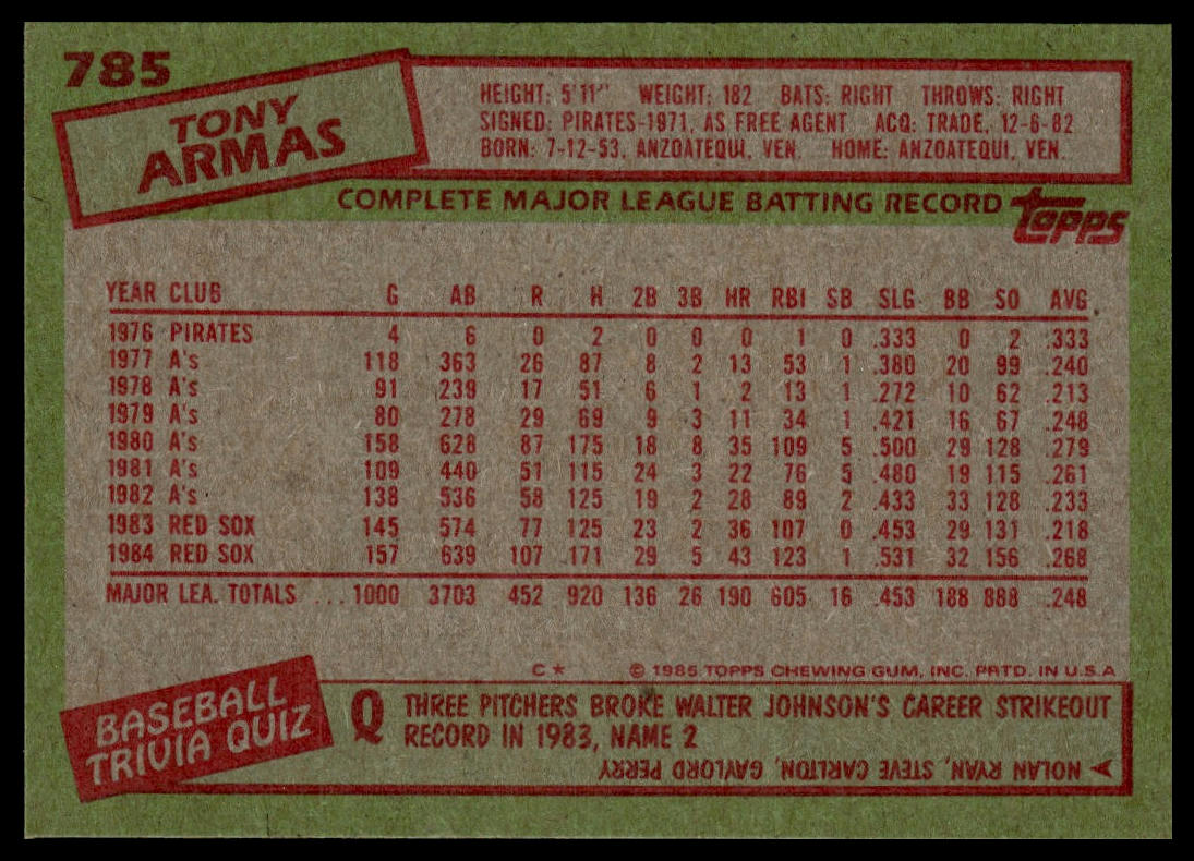 1985 Topps #785 Tony Armas