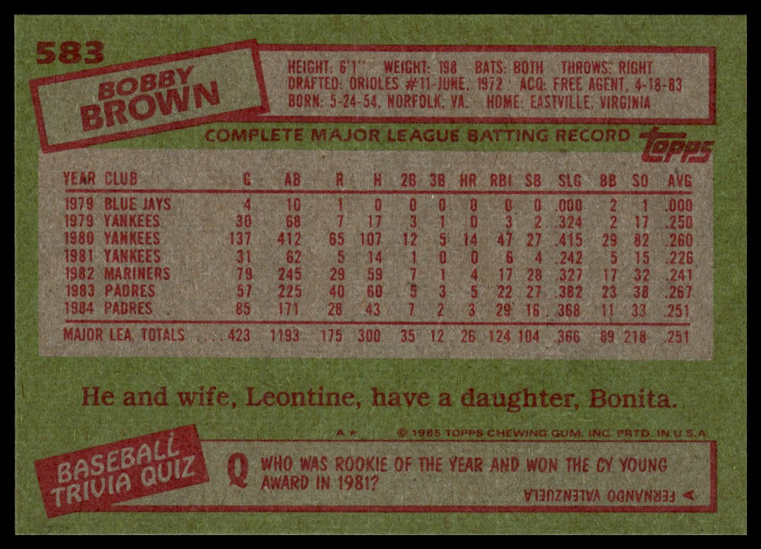 1985 Topps #583 Bobby Brown