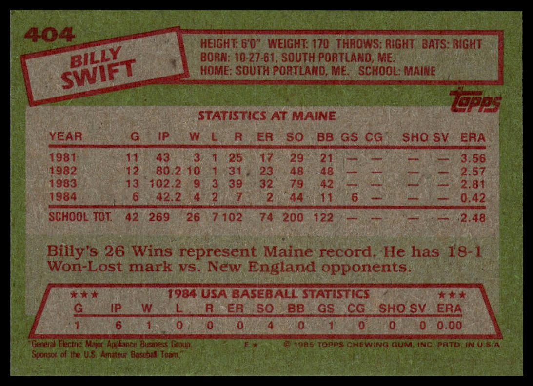 1985 Topps #404 Billy Swift