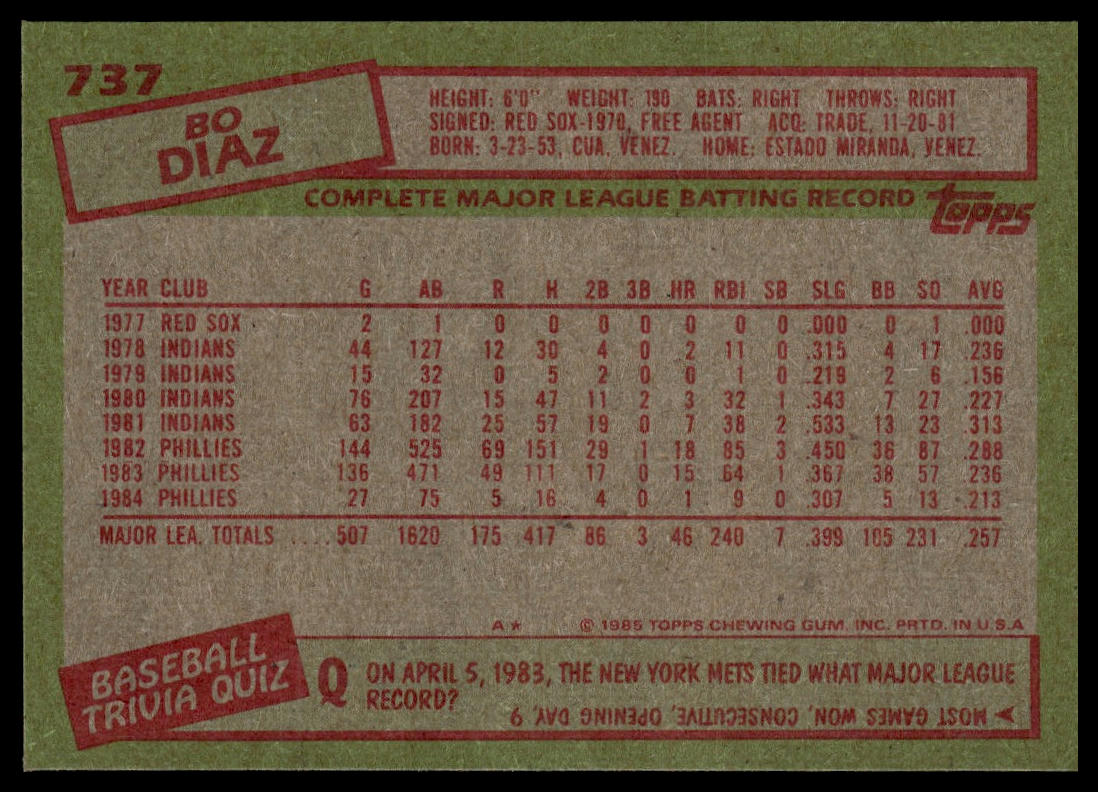 1985 Topps #737 Bo Diaz