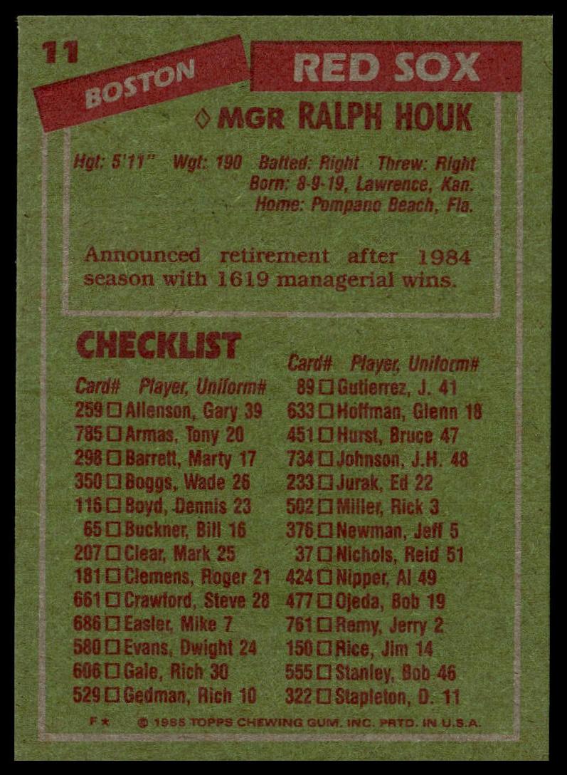1985 Topps #11 Ralph Houk