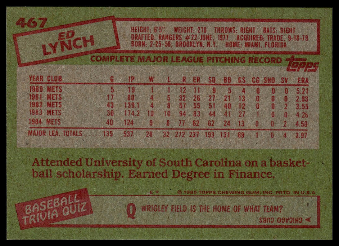 1985 Topps #467 Ed Lynch