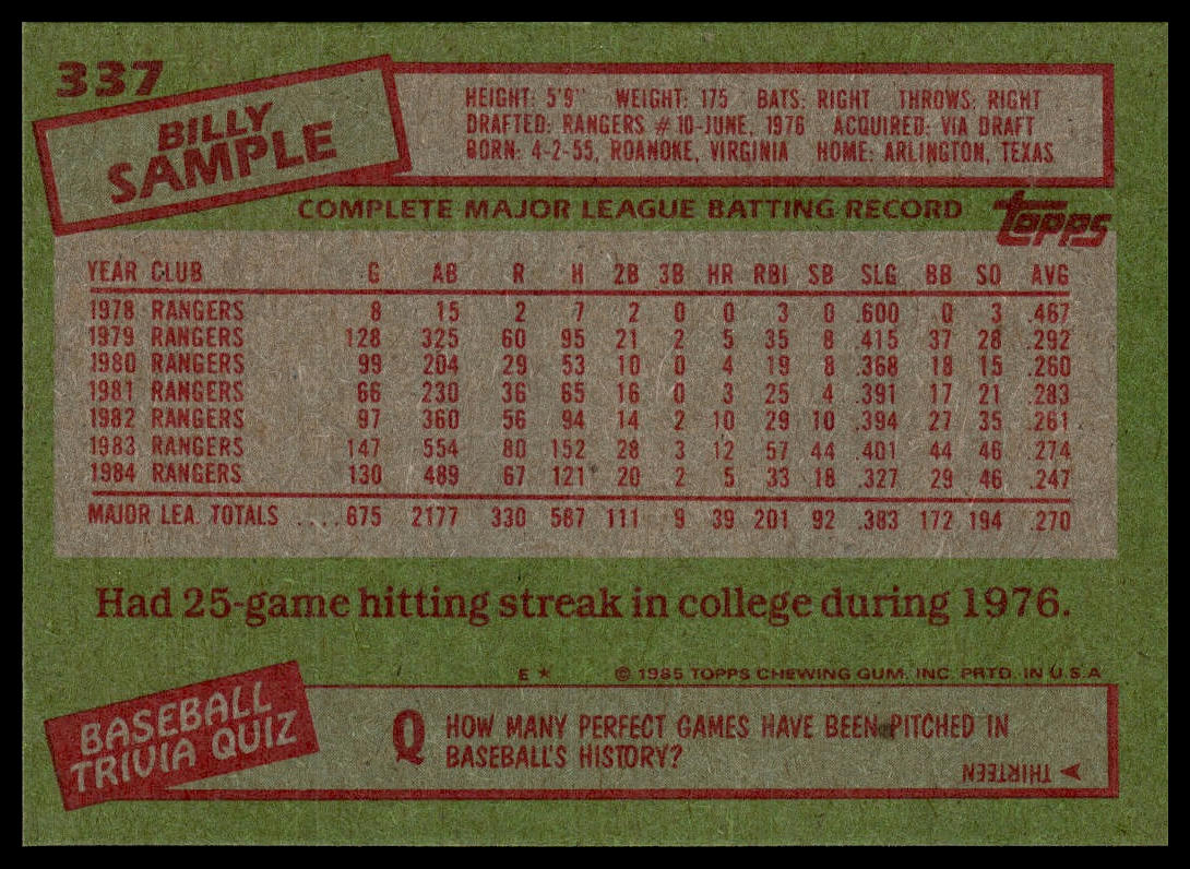 1985 Topps #337 Billy Sample