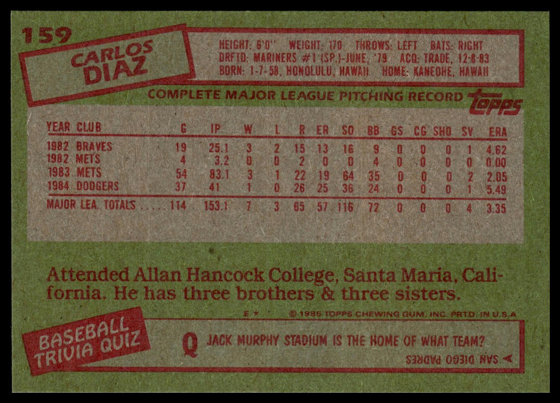 1985 Topps #159 Carlos Diaz