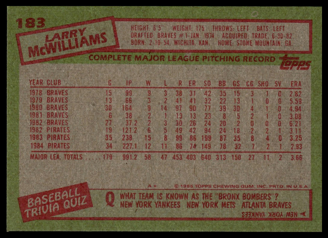 1985 Topps #183 Larry McWilliams