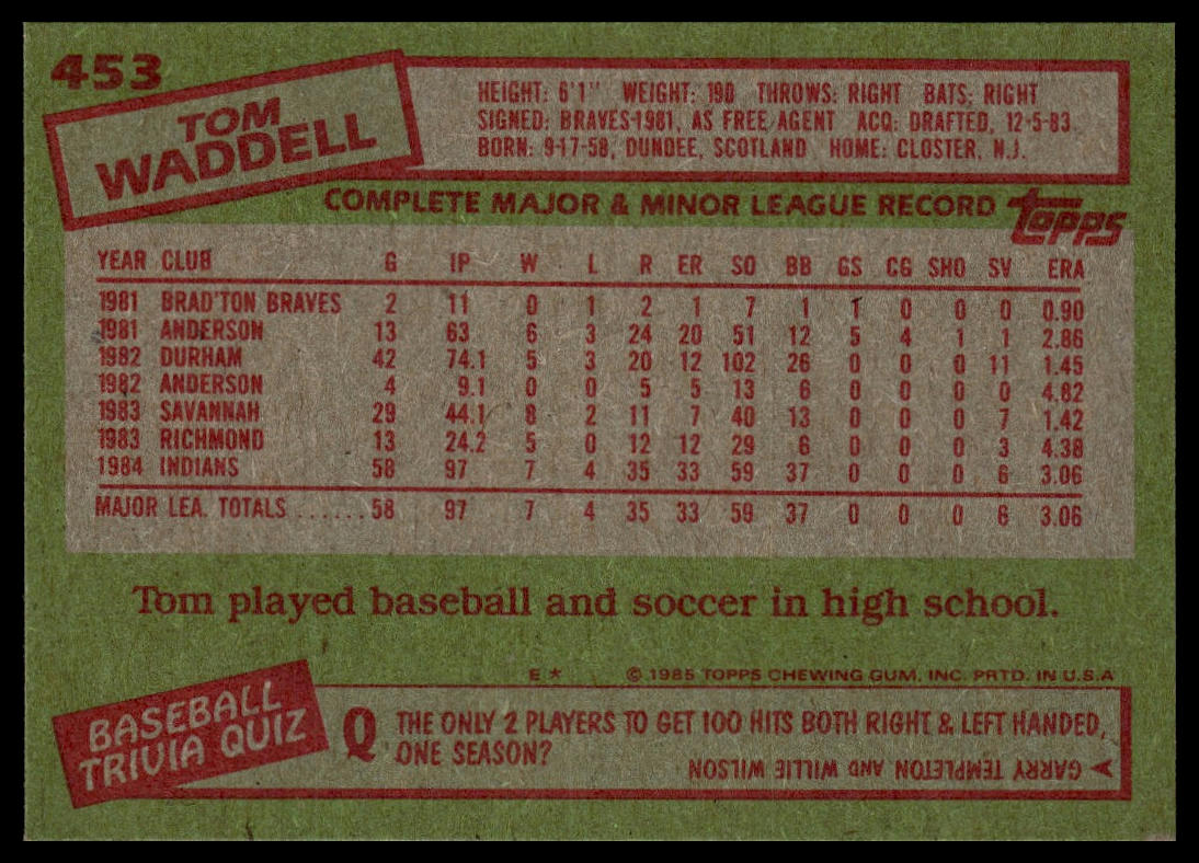 1985 Topps #453 Tom Waddell
