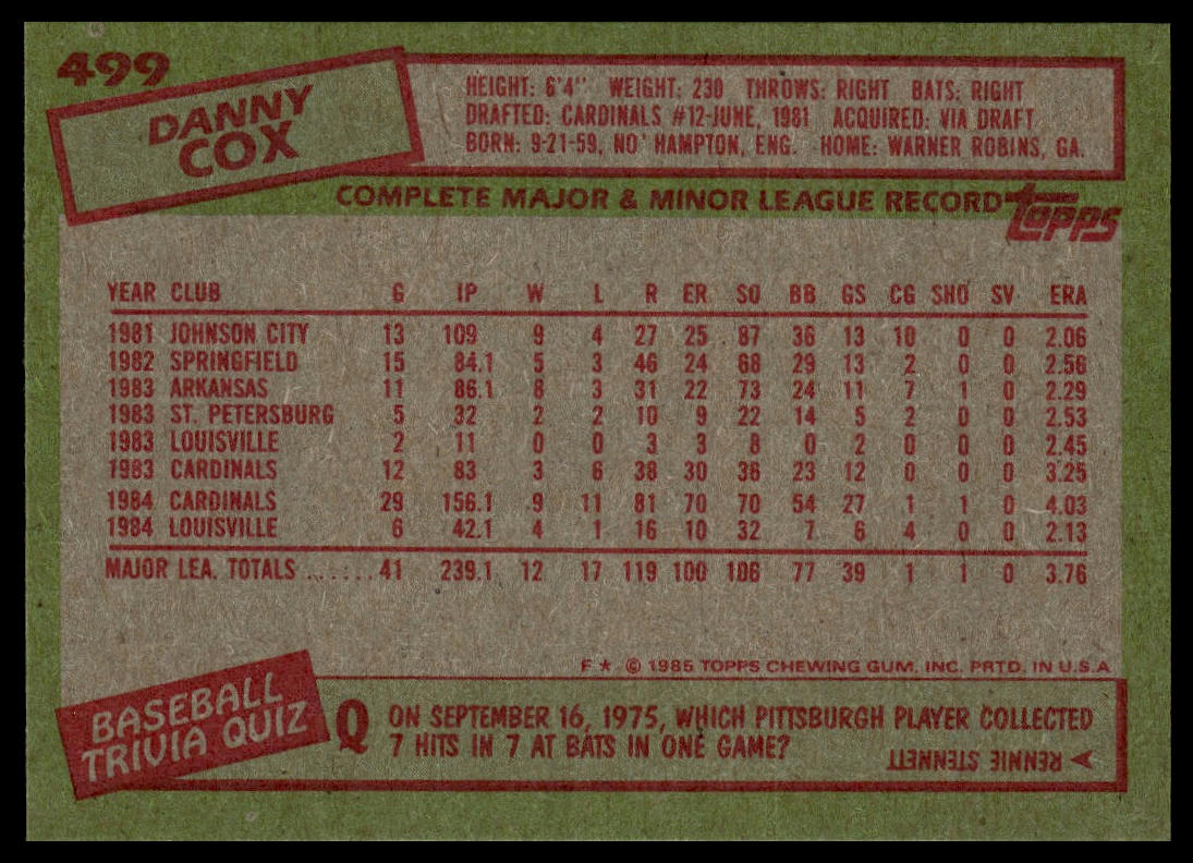 1985 Topps #499 Danny Cox